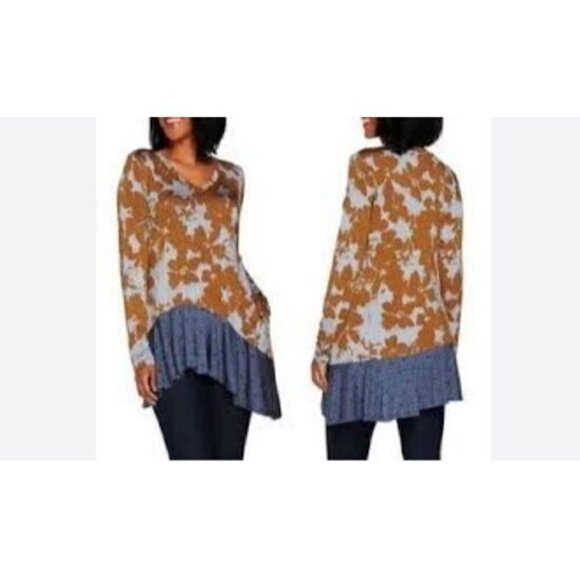 LOGO Lori Goldstein Top Womens Medium Floral Knit Tunic Asymmetrical Ruffle Hem - Picture 5 of 9